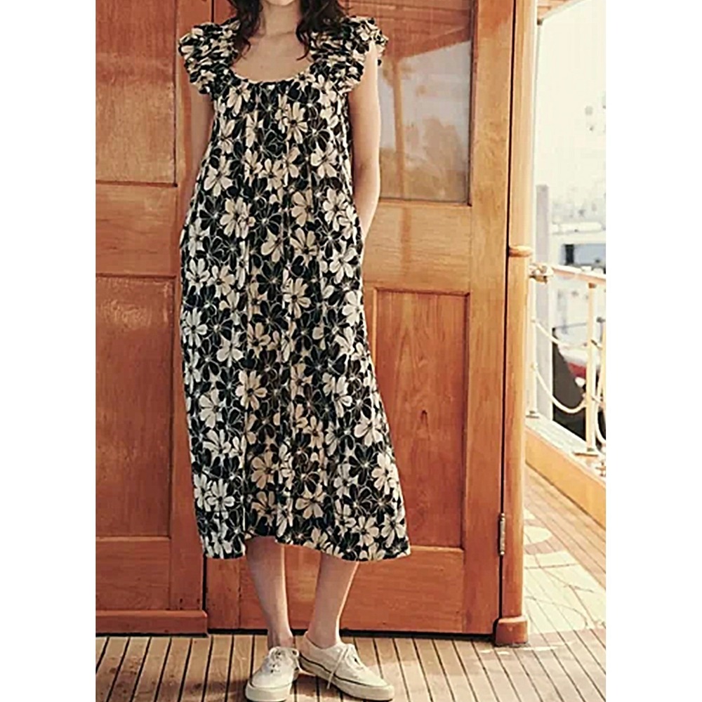 The Great Black White Floral Ruffle Maxi Dress Scoop Neck Size 1 - Small
